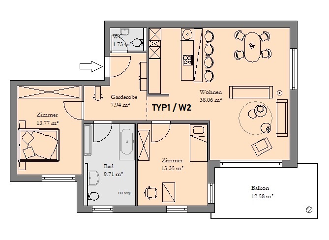 PrI 9199 Grundriss W2 Etagenwohnung Kriftel